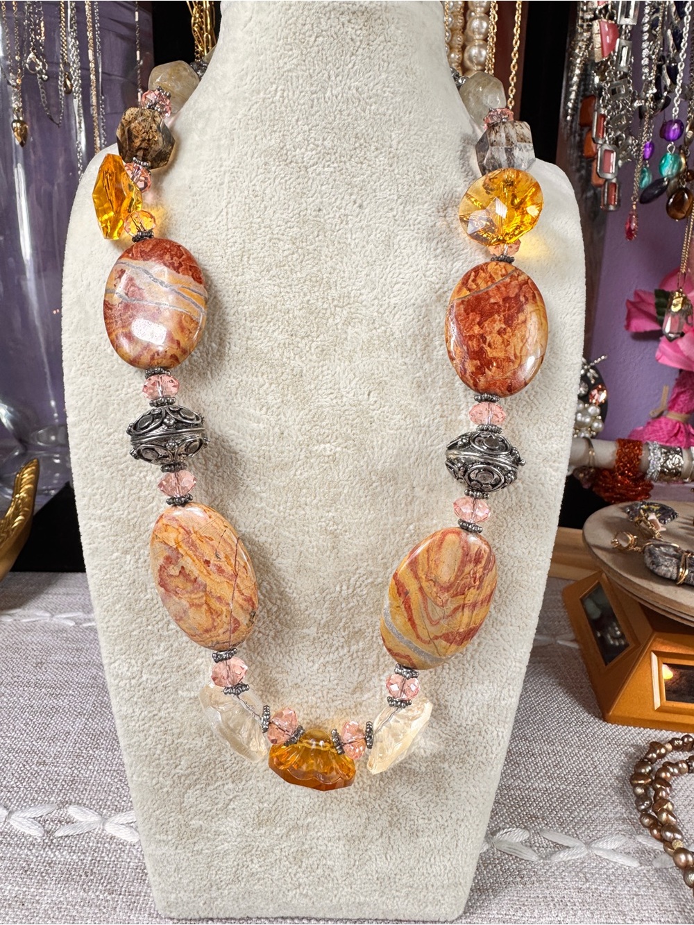 Vintage Golden Amber & Coral Swirl Statement Necklace